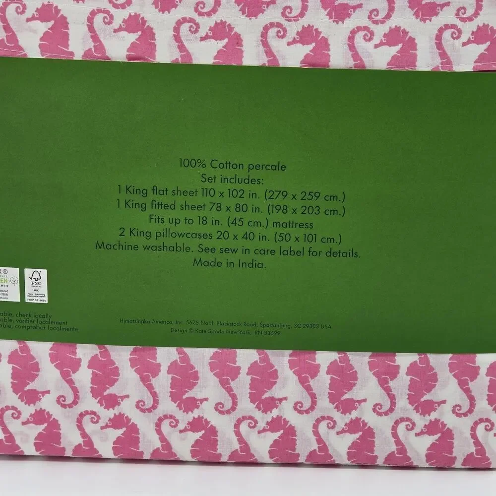 Kate Spade White w/Pink Seahorses Cotton Percale Coastal KING Sheet 4pc SET NEW